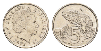 Новая Зеландия 5 центов 2002 Елизавета II (1952-2022), ящерица гаттерия KM 116 медно-никель UNC 4651-229