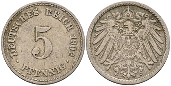 Германия 5 пфеннигов 1902 G KM 11, J. 12 медно-никель 4151-436