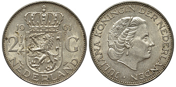 Нидерланды 2 1/2 гульдена 1961 Юлиана (1848-1980) KM 185 серебро 443-1132