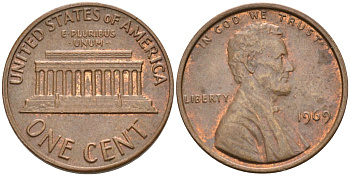 США 1 цент 1969 Линкольн KM 201 медь цинк 4115-852