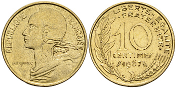 Франция 10 сантимов 1967 тип Марианна KM 929 медь алюминий никель    4152-1229