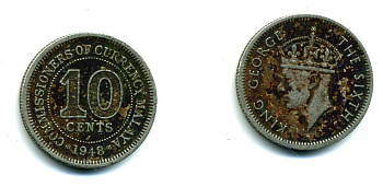 МАЛАЙЯ 10 ЦЕНТОВ 1948 ГЕОРГ VI KM 8 медно-никель 46-713