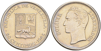 Венесуэла 50 сентимо 1965 Симон Боливар KM 41, Schon 51 никель 192-247