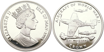 Остров Мэн 1 крона 1995 Авиация Второй Мировой войны - P-51 Mustang KM 503a серебро PROOF 1530-1331