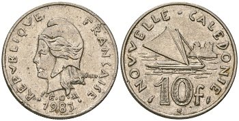 Французская Новая Каледония 10 франков 1983 рыбачья парусная лодка, (IEOM) KM 11, Schoen 13, Lec 94 никель 54-2121