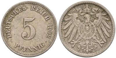 Германия 5 пфеннигов 1902 G KM 11, J. 12 медно-никель 4151-436