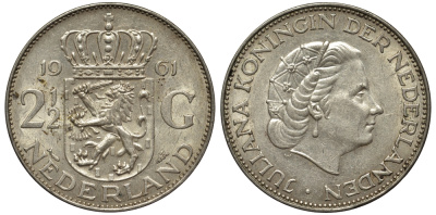Нидерланды 2 1/2 гульдена 1961 Юлиана (1848-1980) KM 185 серебро 443-1132
