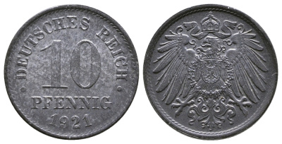ГЕРМАНИЯ 10 ПФЕННИГОВ 1921 KM 26, J. 299 цинк 4380-246