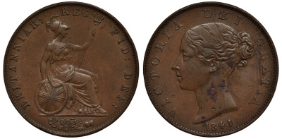 Великобритания 1/2 пенни 1841 Виктория (1837-1901) KM 726, Spink 3949 медь 1523-1311