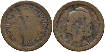 ПОРТУГАЛИЯ 20 СЕНТАВО 1925 РЕСПУБЛИКА, ГОЛОВА СВОБОДЫ ВЛЕВО КМ 574 бронза 202-334