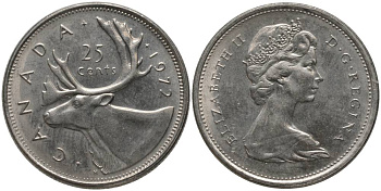 Канада 25 центов 1972 Елизавета II (1952-2022), олень KM 62 b никель UNC 181-317