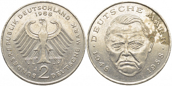 ФРГ 2 МАРКИ 1988 J ЛЮДВИГ ЭРХАРД J. 445, KM 170 медно-никель плакированный никелем 3856-312