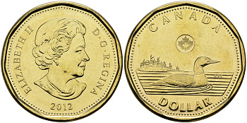 Канада 1 доллар 2012 черноклювая гагара KM 1255 никель плакированный бронзой UNC M45-11