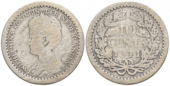 Нидерланды 10 центов 1911 Вильгельмина I (1890-1948) KM 145 серебро 44-1021