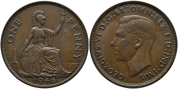 Великобритания 1 пенни 1946 Георг VI (1936-1952) KM 845, Spink 4114 бронза 63-534