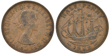 Великобритания 1/2 пенни 1959 Елизавета II (1952-2022) KM 896, Spink 4158 бронза 72-212