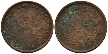 Нидерланды 1/2 цента 1938 Вильгельмина I (1890-1948) KM 138 бронза 4152-638