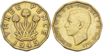 Великобритания 3 пенса 1946 Георг VI (1936-1952), редкий год KM 849, Spink 4112 никель латунь 212-813