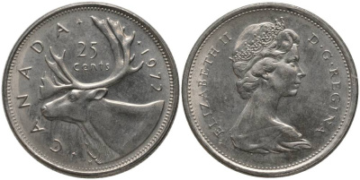 Канада 25 центов 1972 Елизавета II (1952-2022), олень KM 62 b никель UNC 181-317
