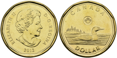 Канада 1 доллар 2012 черноклювая гагара KM 1255 никель плакированный бронзой UNC M45-11