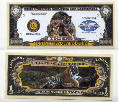 США 1000000 ДОЛЛАРОВ 2004 СУВЕНИРНАЯ БАНКНОТА, СЕРИЯ ОХРАНЫ ОКРУЖАЮЩЕЙ СРЕДЫ, БЕНГАЛЬСКИЕ ТИГРЫ бумага UNC (ПРЕСС) 8588-20-1-2