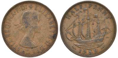 Великобритания 1/2 пенни 1959 Елизавета II (1952-2022) KM 896, Spink 4158 бронза 72-212