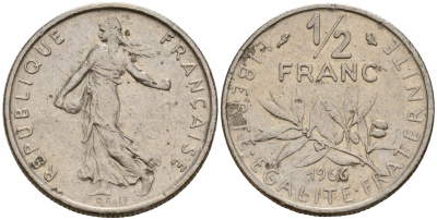 Франция 1/2 франка 1966 KM 931 никель 4150-1145