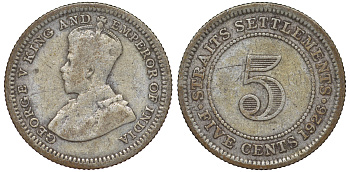 Стрейтс-Сетлментс 5 центов 1926 Георг V (1910-1936) КМ 36 серебро 53-517