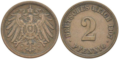 ГЕРМАНИЯ 2 ПФЕННИГА 1907 A KM 16, J. 11, Weege 4 медь 211-517