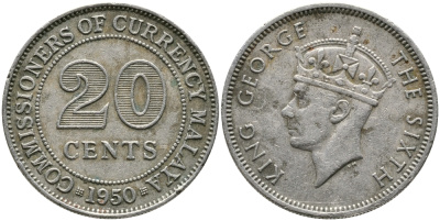 Британская Малайя 20 центов 1950 Георг VI (1937-1952) KM 9 медно-никель 3334-626