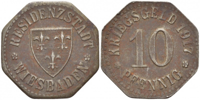 Висбаден 10 пфеннигов 1917 Funck 601.1, Men18 34104.1 железо 3856-1022