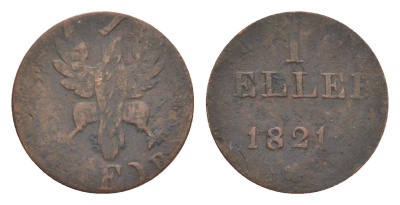 Франкфурт 1 геллер 1821 GB AKS 30, Jaeger 10, KM 301 медь 4636-124