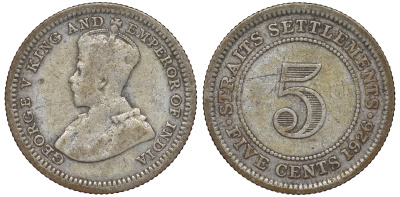 Стрейтс-Сетлментс 5 центов 1926 Георг V (1910-1936) КМ 36 серебро 53-517