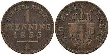 Пруссия 1 пфенниг 1853 A, Фридрих Вильгельм IV (1840-1861) KM 451 медь 4532-152