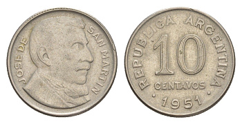 Аргентина 10 сентаво 1951 KM 47 медно-никель 4636-316