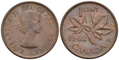 Канада 1 цент 1962 Елизавета II (1952-2022), кленовый лист  KM 49 бронза 4609-121