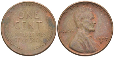 США 1 ЦЕНТ 1957 D, ЛИНКОЛЬН KM А132 медь цинк 218-315