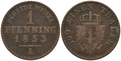 Пруссия 1 пфенниг 1853 A, Фридрих Вильгельм IV (1840-1861) KM 451 медь 4532-152