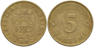 Латвия 5 сантимов 1992 KM 16 латунь 4547-1142