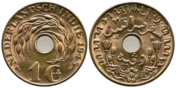 Нидерландская Восточная Индия 1 цент 1945 р, Вильгельмина (1890-1948) KM 317 бронза UNC 4610-945