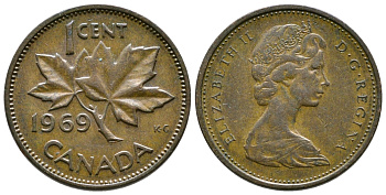 Канада 1 цент 1969 Елизавета II (1952-2022), кленовый лист KM 59.1 бронза 46-1456