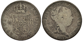 ИСПАНИЯ 4 РЕАЛА 1853 ИЗАБЕЛЛА KM 600.2 серебро 1521-1625