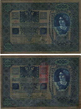 АВСТРИЯ 1000 КРОН 1919 КРАСНАЯ ВЕРТИКАЛЬНАЯ НАДПЕЧАТКА НА 1902 Pick 59 бумага 7205-45-2-1