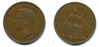 Великобритания 1 пенни 1940 Георг VI (1936-1952) KM 845, Spink 4114 бронза 4110-321