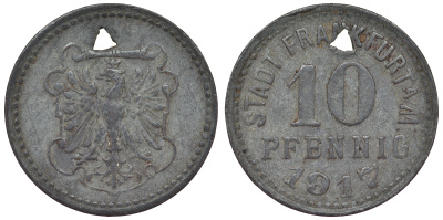 Германия, Франкфурт-на-Майне 10 пфеннигов 1917 Гессен, нотгельд Funck 136.1A цинк 4119-943