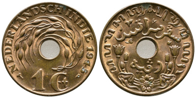 Нидерландская Восточная Индия 1 цент 1945 р, Вильгельмина (1890-1948) KM 317 бронза UNC 4610-945