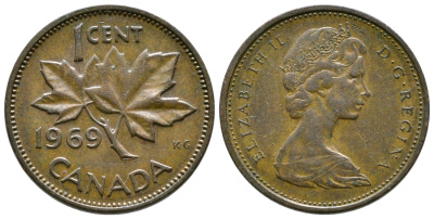 Канада 1 цент 1969 Елизавета II (1952-2022), кленовый лист KM 59.1 бронза 46-1456