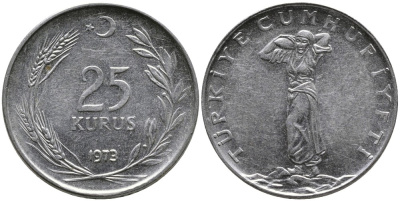 Турция 25 курушей 1973 KM 892.3 нержавеющия сталь 4541-643