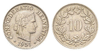 Швейцария 10 раппенов 1951 B KM 27 медно-никель 4708-164