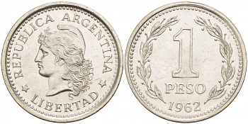 Аргентина 1 песо 1962 голова свободы влево KM 57 сталь плакированная никелем 4548-343